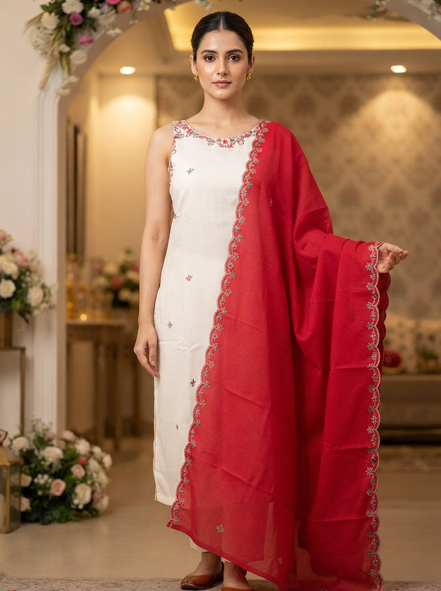 Off White Pure Cotton Embroidered Straight Suit Set with Embroidered Dupatta and Straight Pants