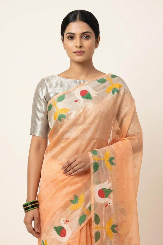 Peach bamboo Silk Saree with Rajhans Border