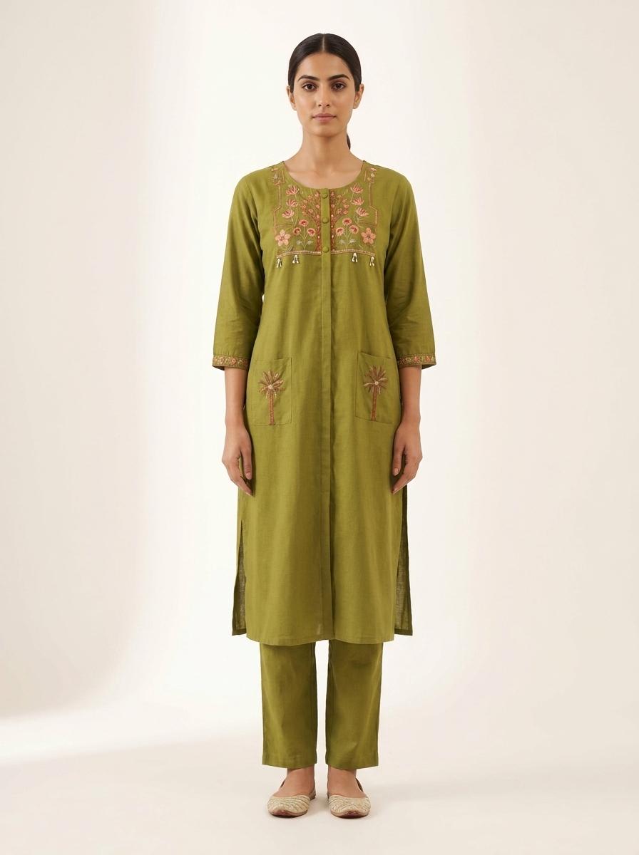 Olive Green Embroidered Cotton Kurta Pant Set for Women