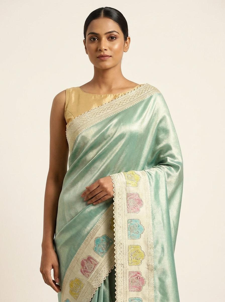 Pista Tissue Banarasi Silk Saree with Swarovski work and unstitched blouse