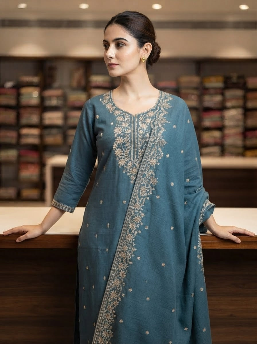 Steel Blue Silk Embroidered Straight Suit Set with Embroidered Dupatta and Straight Pants