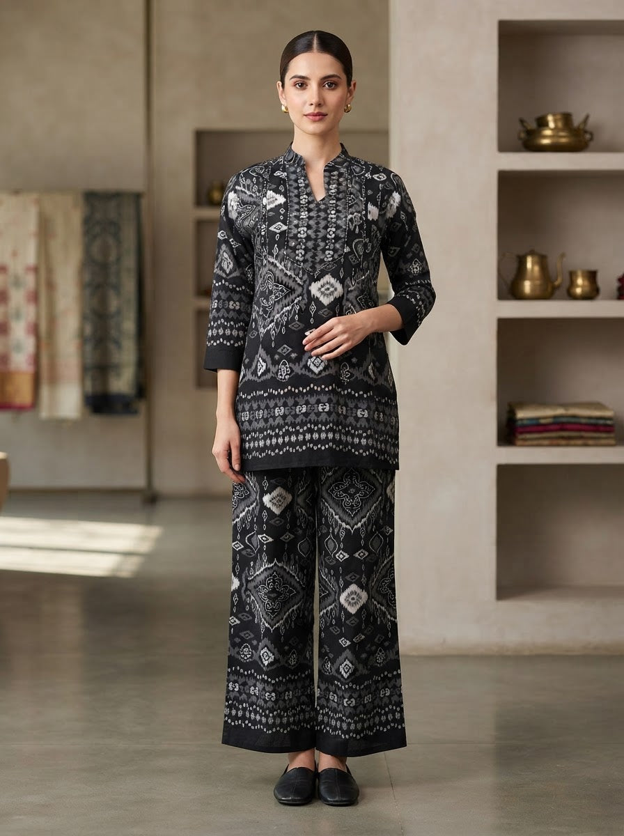 Black Geometric Printed Gajji Silk Co-Ord Set for Women