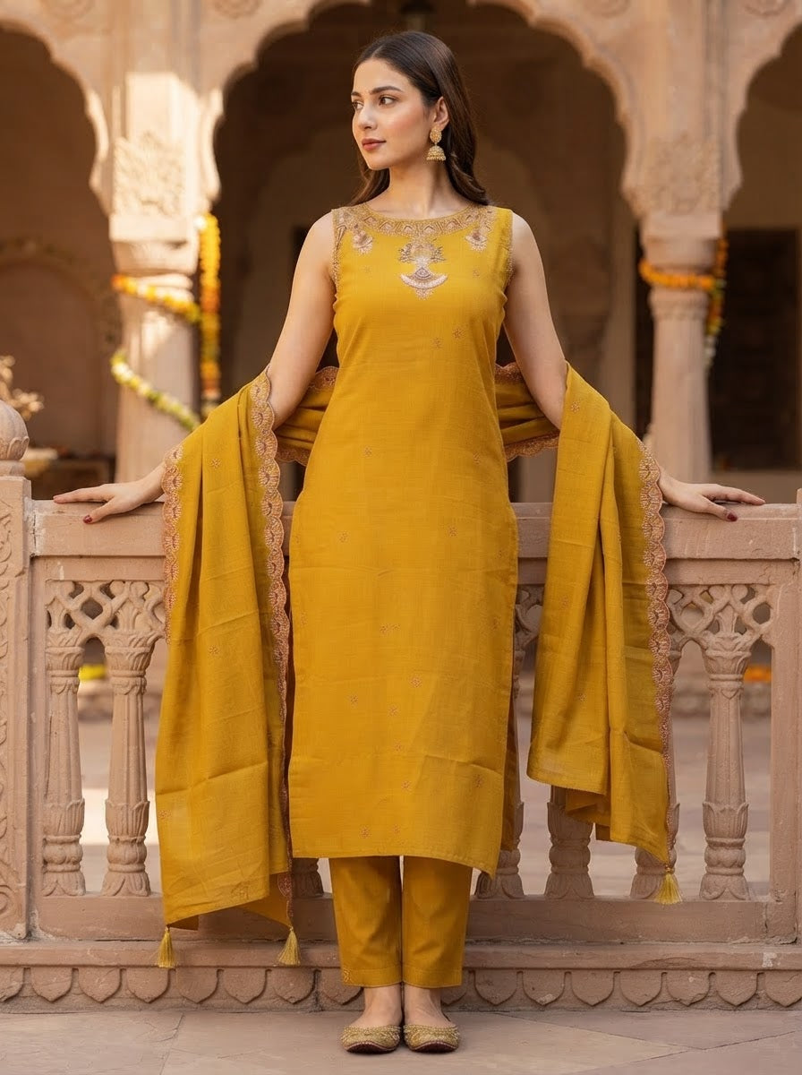 Mustard Pure Cotton Embroidered Straight Suit Set with Embroidered Dupatta and Straight Pants for Women