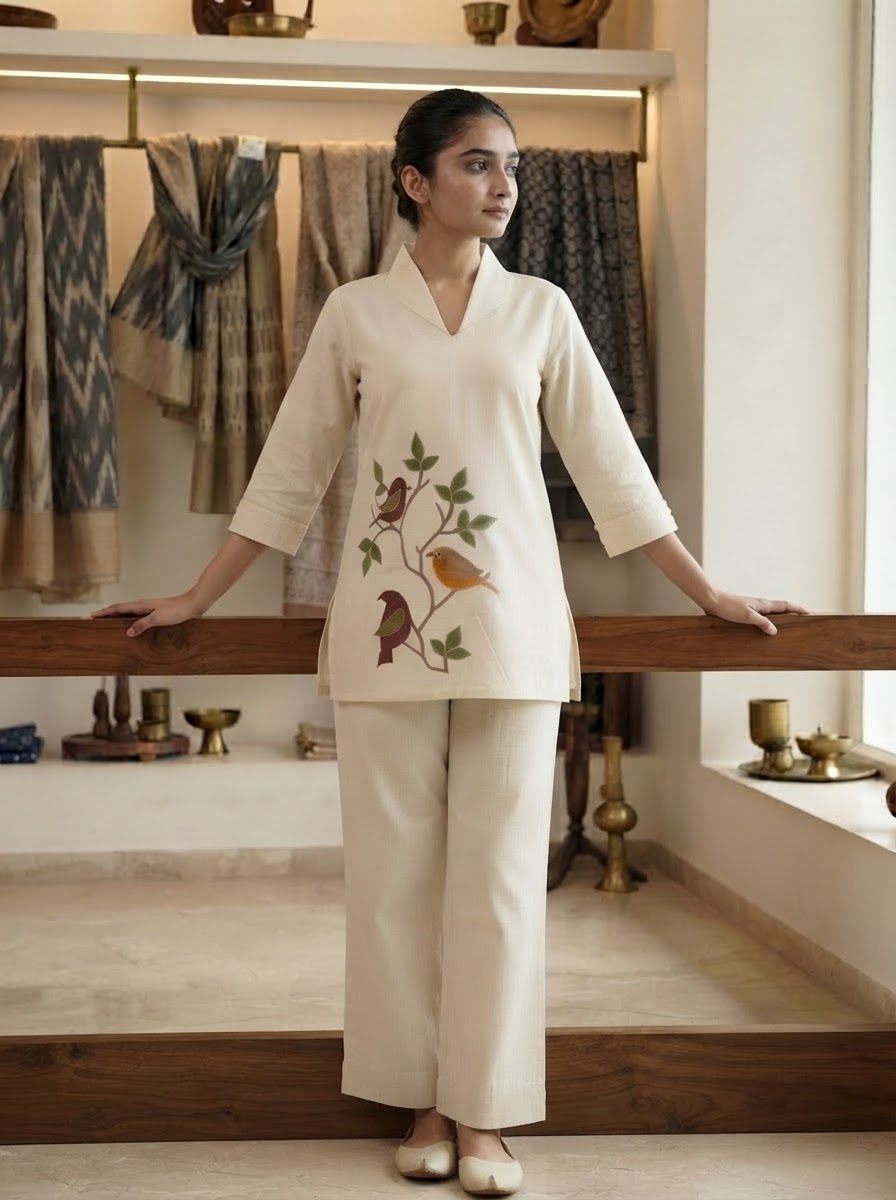 Off White Embroidered Cotton Linen Co-Ord Set for Women