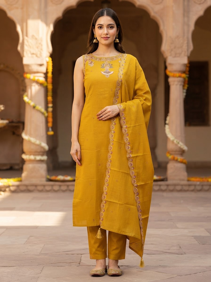 Mustard Pure Cotton Embroidered Straight Suit Set with Embroidered Dupatta and Straight Pants for Women