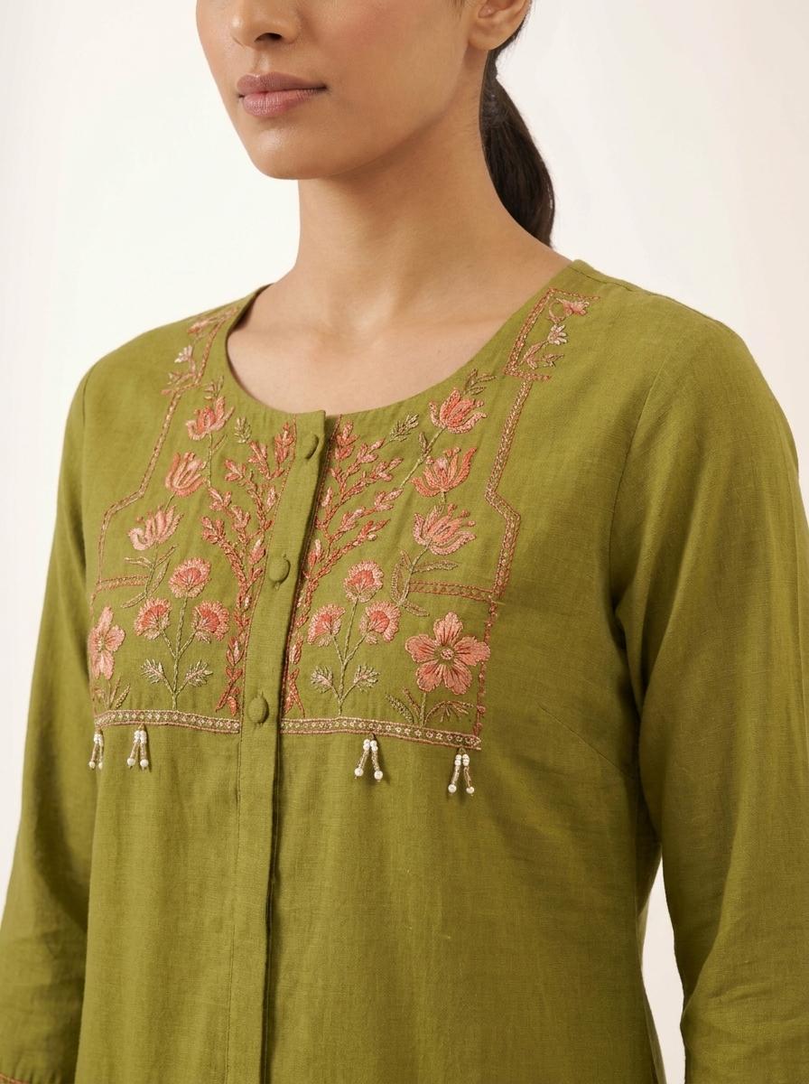 Olive Green Embroidered Cotton Kurta Pant Set for Women