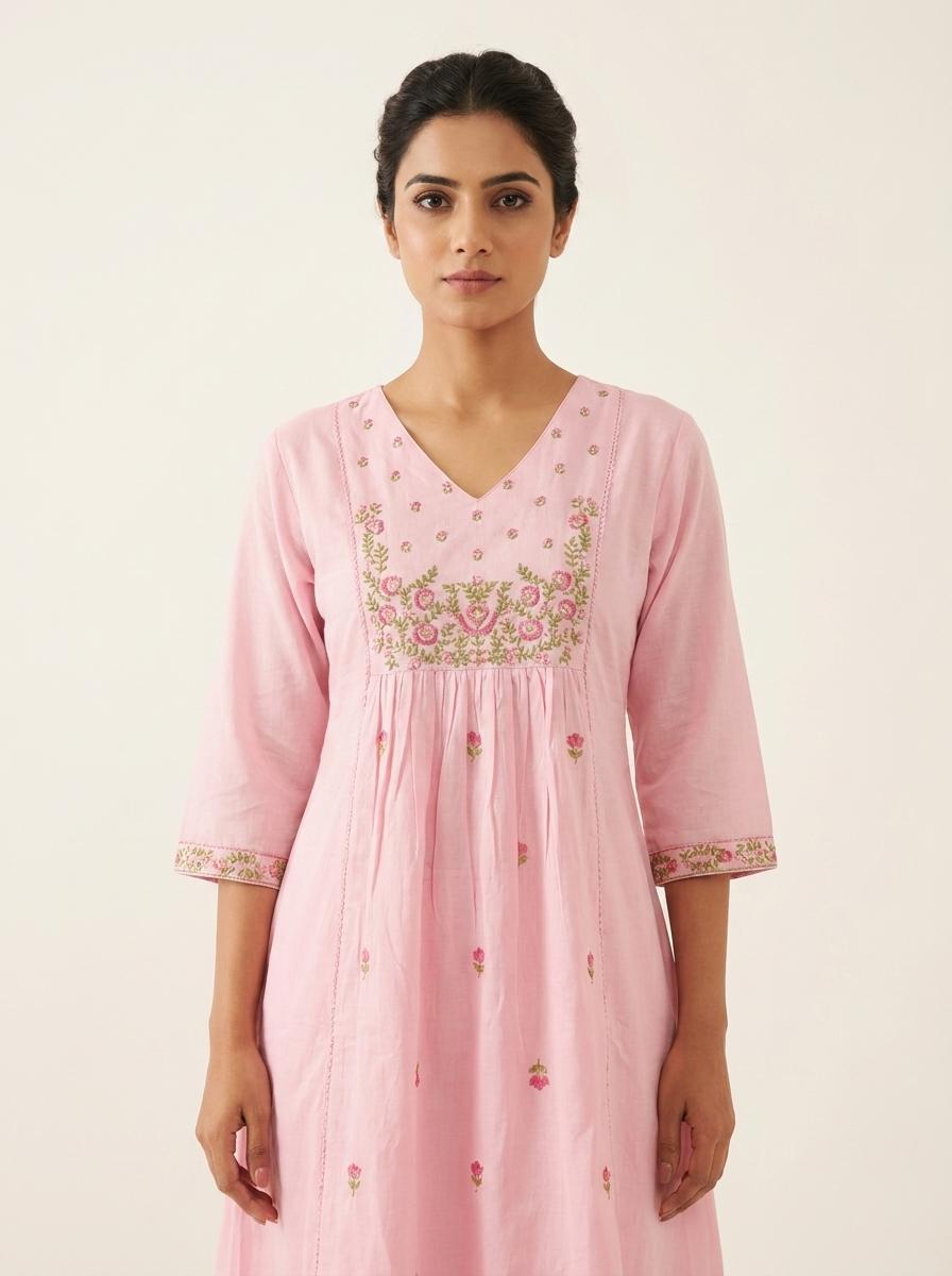 Baby Pink Embroidered Mul Cotton Kurta Pant Set with Dupatta for Women