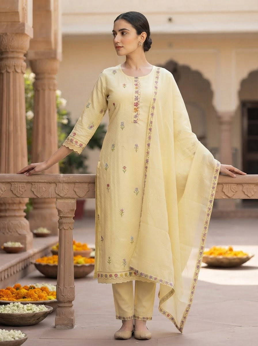 Lemon Yellow Floral Embroidered Mal Cotton Straight Suit Set with Cotton Dupatta and Straight Pants