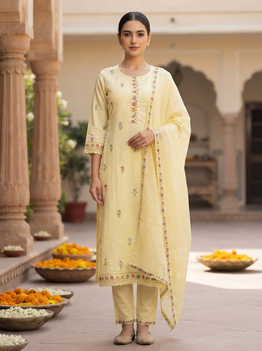 Lemon Yellow Floral Embroidered Mal Cotton Straight Suit Set with Cotton Dupatta and Straight Pants