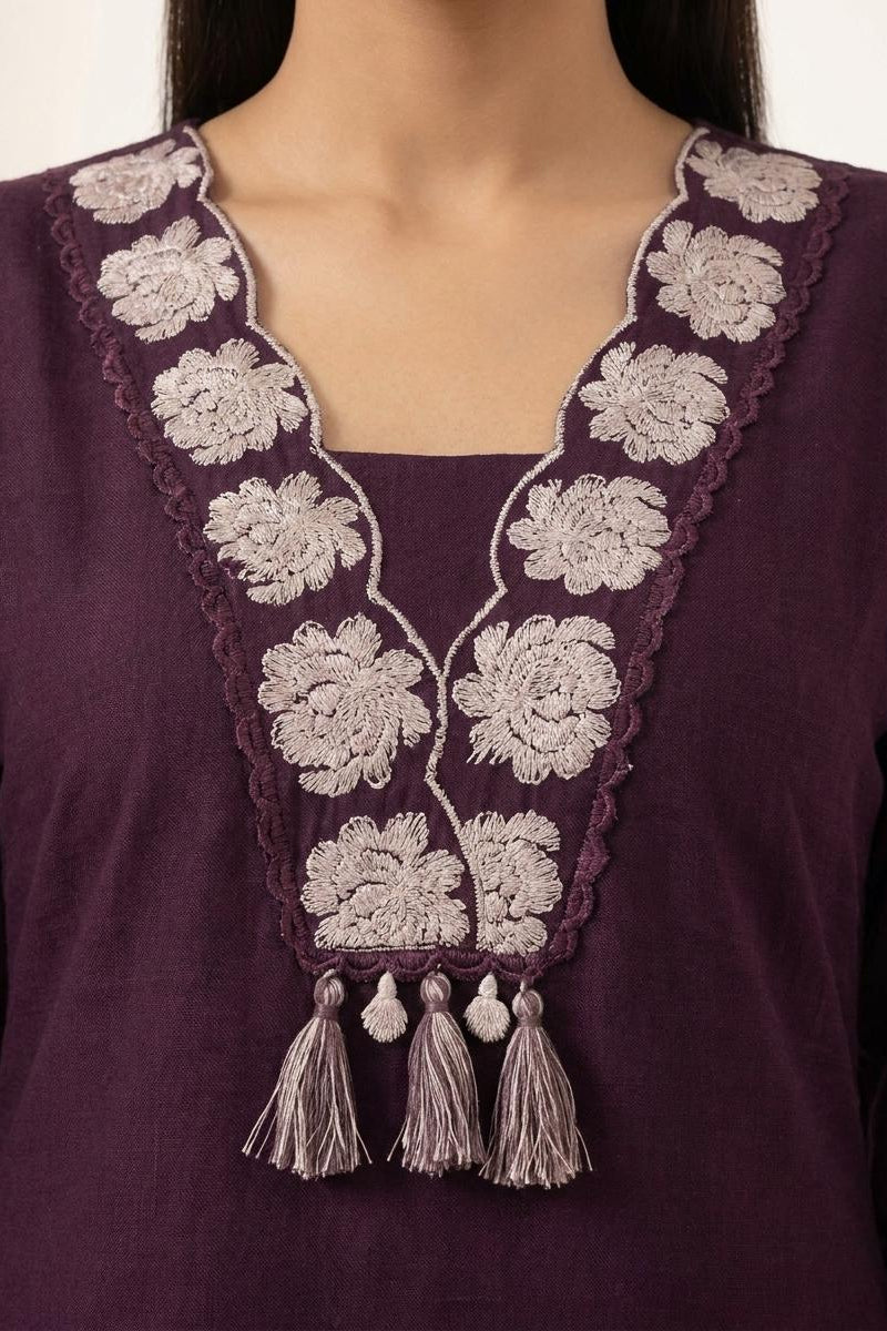 Maroon 3 Piece set with Embroidered v-neck Collar