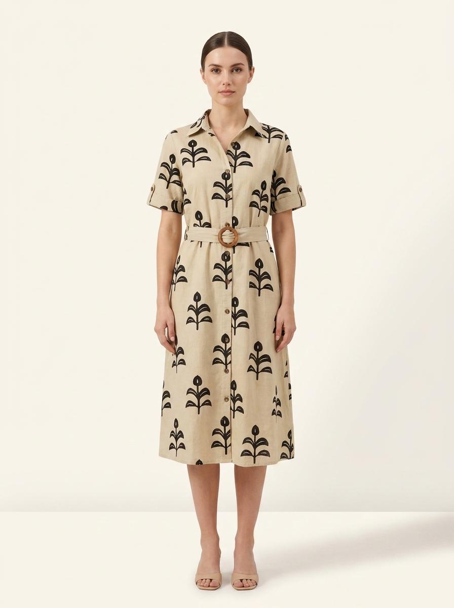 Beige Pure Cotton Short Printed One Piece