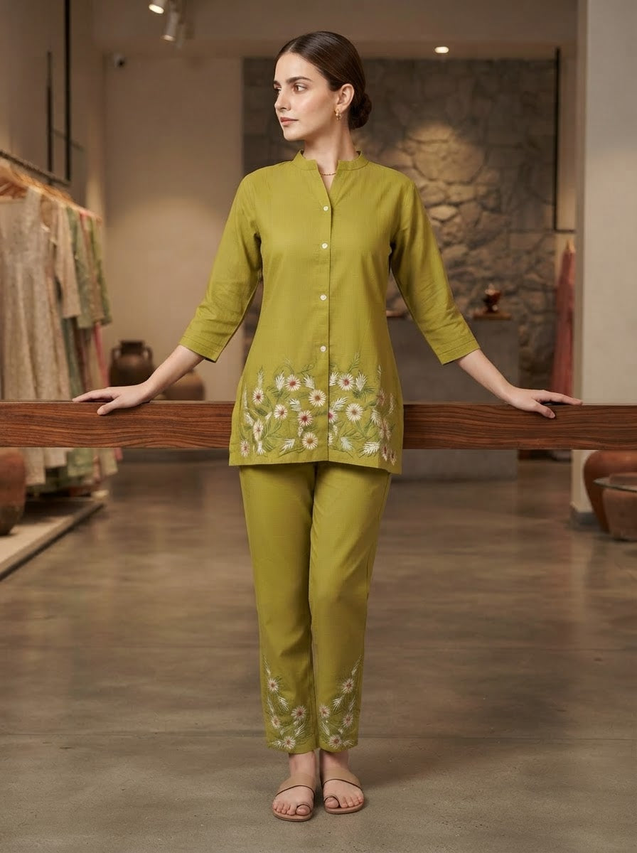 Lime Green Floral Embroidered Mandarin Collar Co-Ord Set for Women