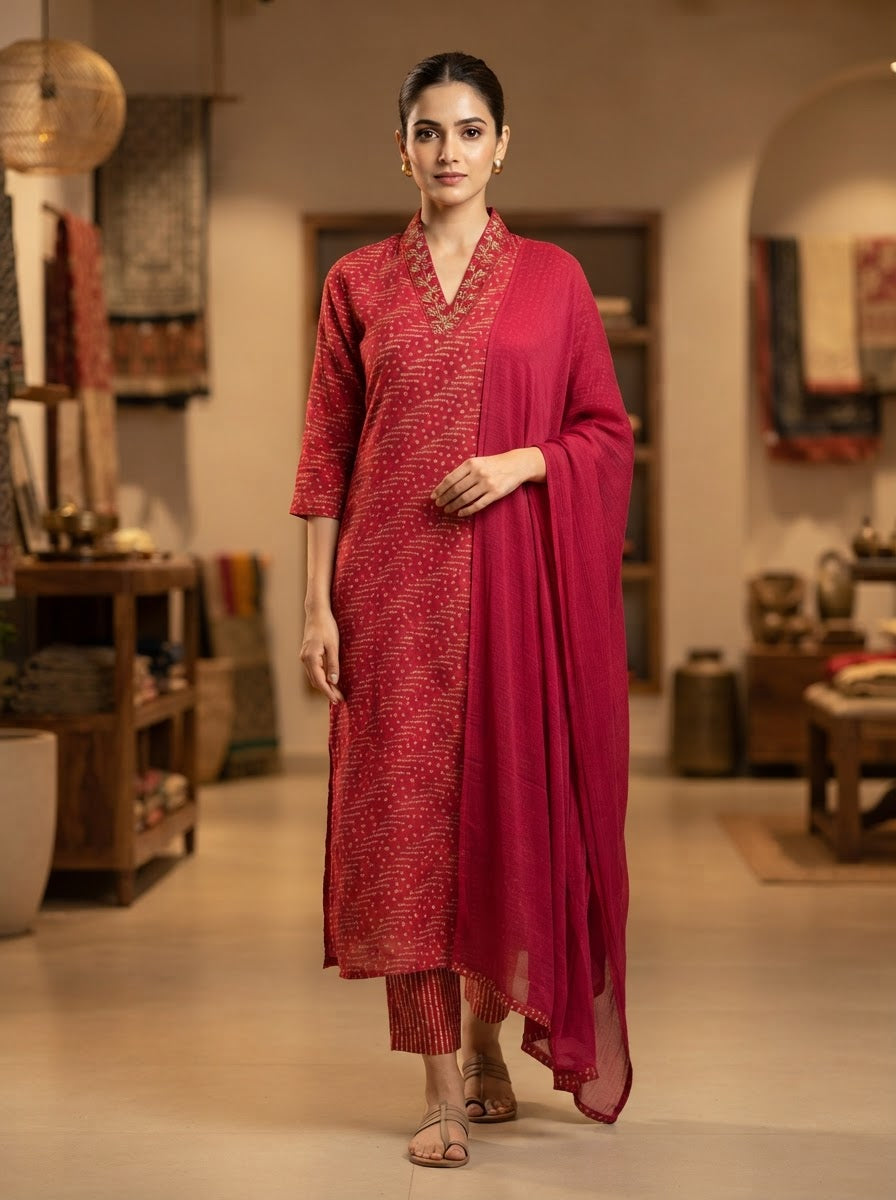 Rani Pink Bandhani Print Pure Muslin Straight Suit Set with Chiffon Dupatta and Straight Pants