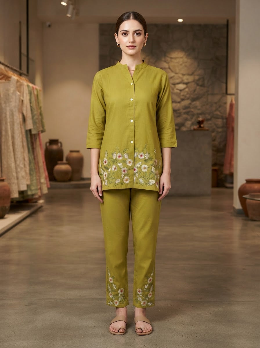 Lime Green Floral Embroidered Mandarin Collar Co-Ord Set for Women