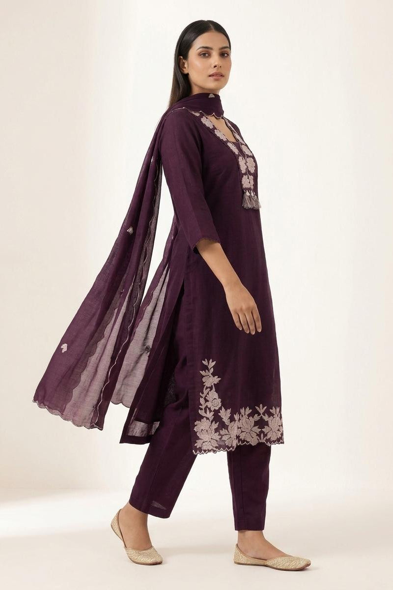 Maroon 3 Piece set with Embroidered v-neck Collar