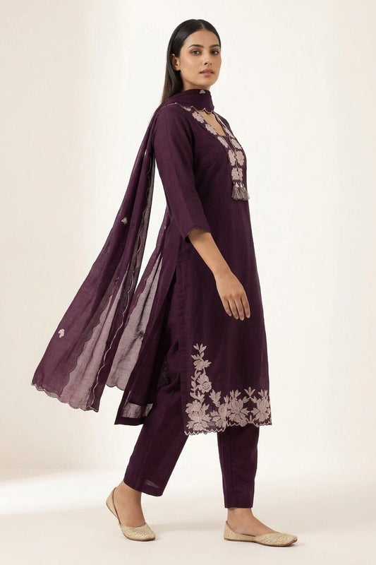 Maroon 3 Piece set with Embroidered v-neck Collar