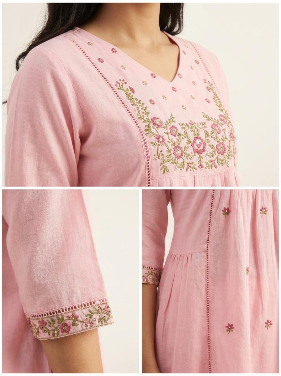 Baby Pink Embroidered Mul Cotton Kurta Pant Set with Dupatta for Women