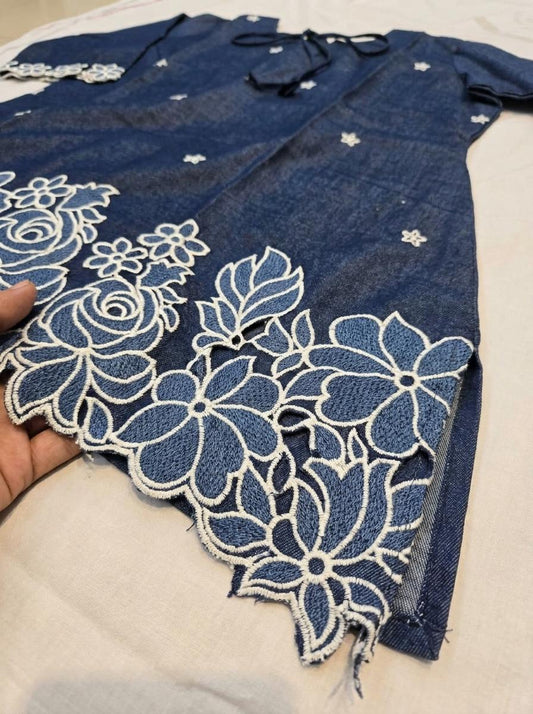 Blue Denim Short Coord Set with embroidery