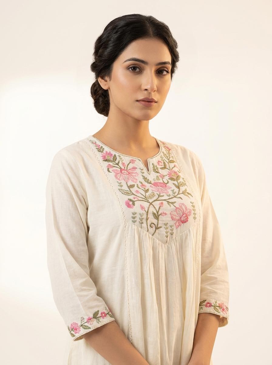 Ivory Floral Embroidered Mul Cotton Kurta Palazzo Set with Dupatta for Women
