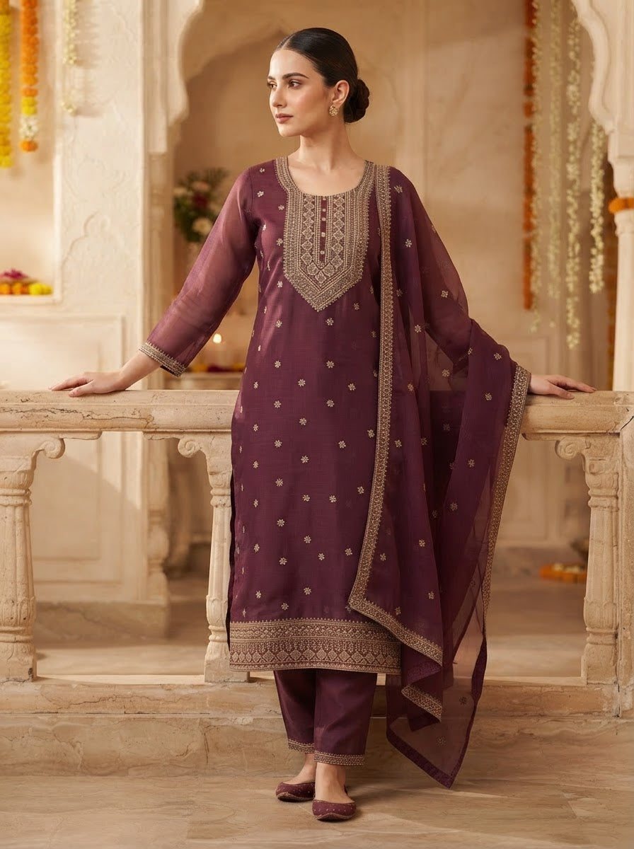 Maroon Mauve Thread Embroidered Silk Straight Suit Set with Dupatta and Straight Pants