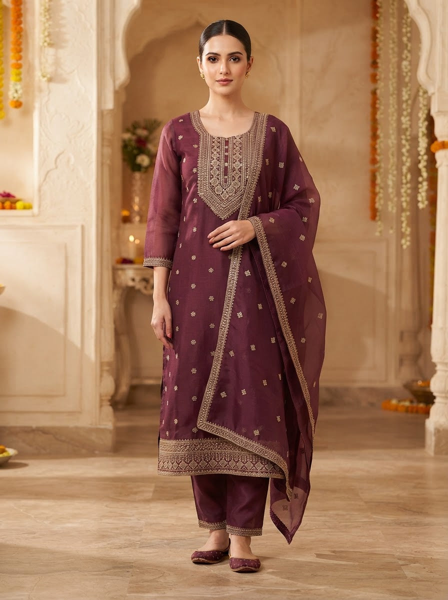 Maroon Mauve Thread Embroidered Silk Straight Suit Set with Dupatta and Straight Pants