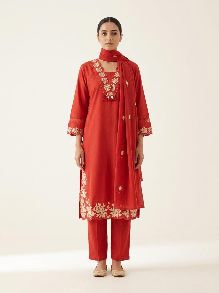Rust Red Chanderi Silk Embroidered Kurta Set with Dupatta
