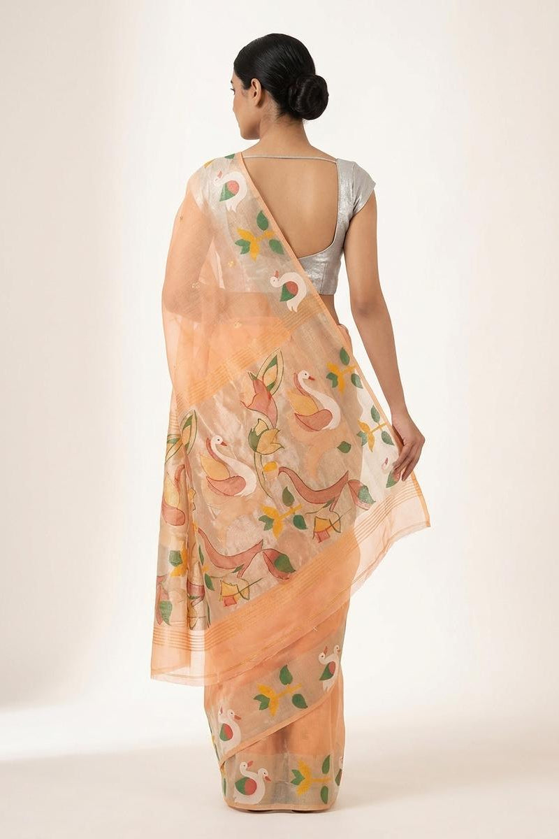 Peach bamboo Silk Saree with Rajhans Border