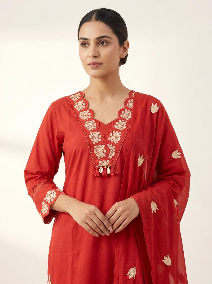 Rust Red Chanderi Silk Embroidered Kurta Set with Dupatta