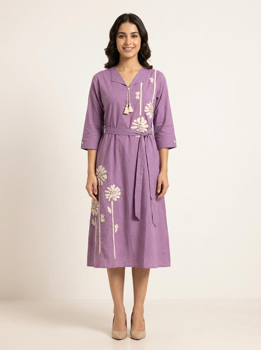 Lavender Floral Embroidered A-Line Midi Dress with Tie-Up Belt