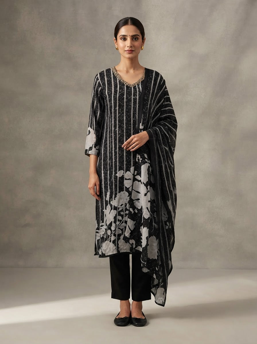Black Floral Printed Pure Muslin Straight Suit Set with Pure Muslin Dupatta and Straight Pants
