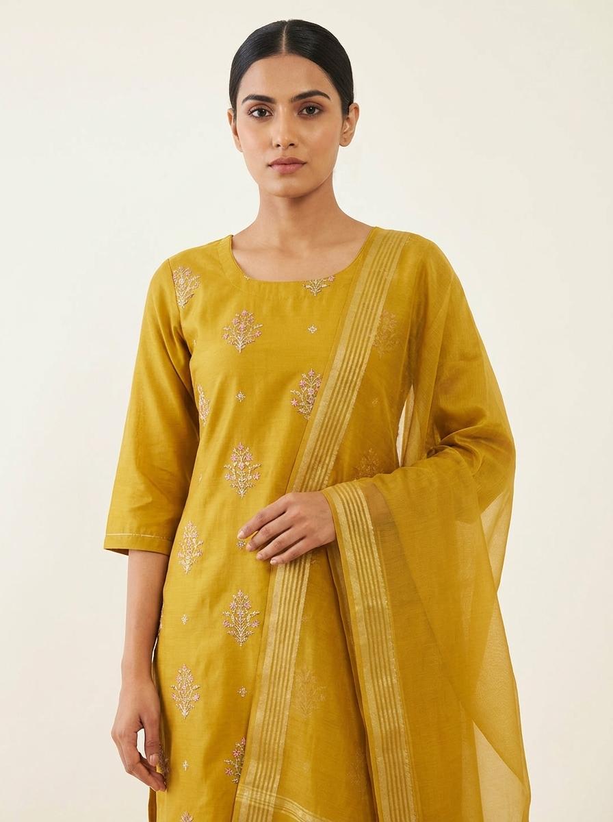 Mustard Yellow Embroidered Kurta Pant Set with Dupatta for Women