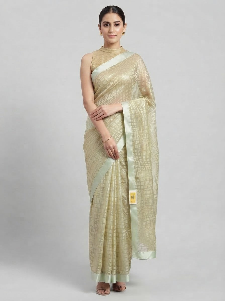 Lemon yellow Brasso party Wear Saree with Unstitched satin blouse