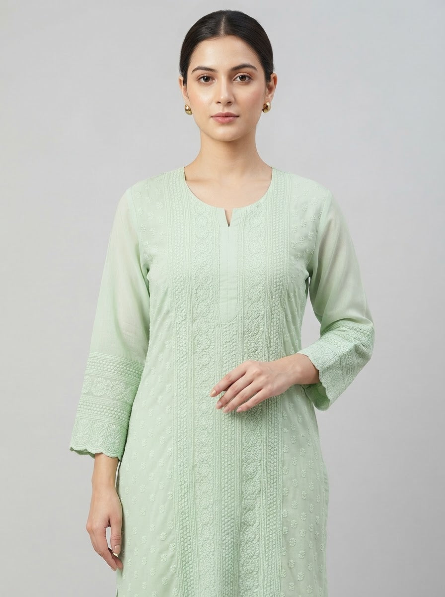 Pista Green Pure georgette Chikankari Kurti with Round neck
