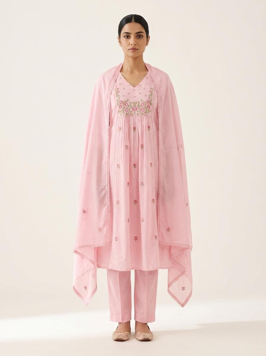 Baby Pink Embroidered Mul Cotton Kurta Pant Set with Dupatta for Women
