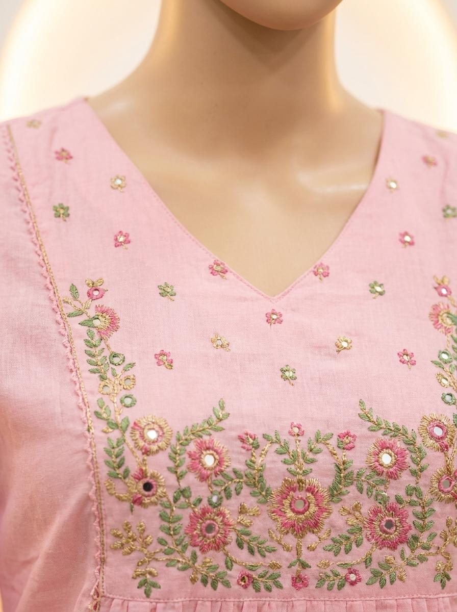 Baby Pink Embroidered Mul Cotton Kurta Pant Set with Dupatta for Women