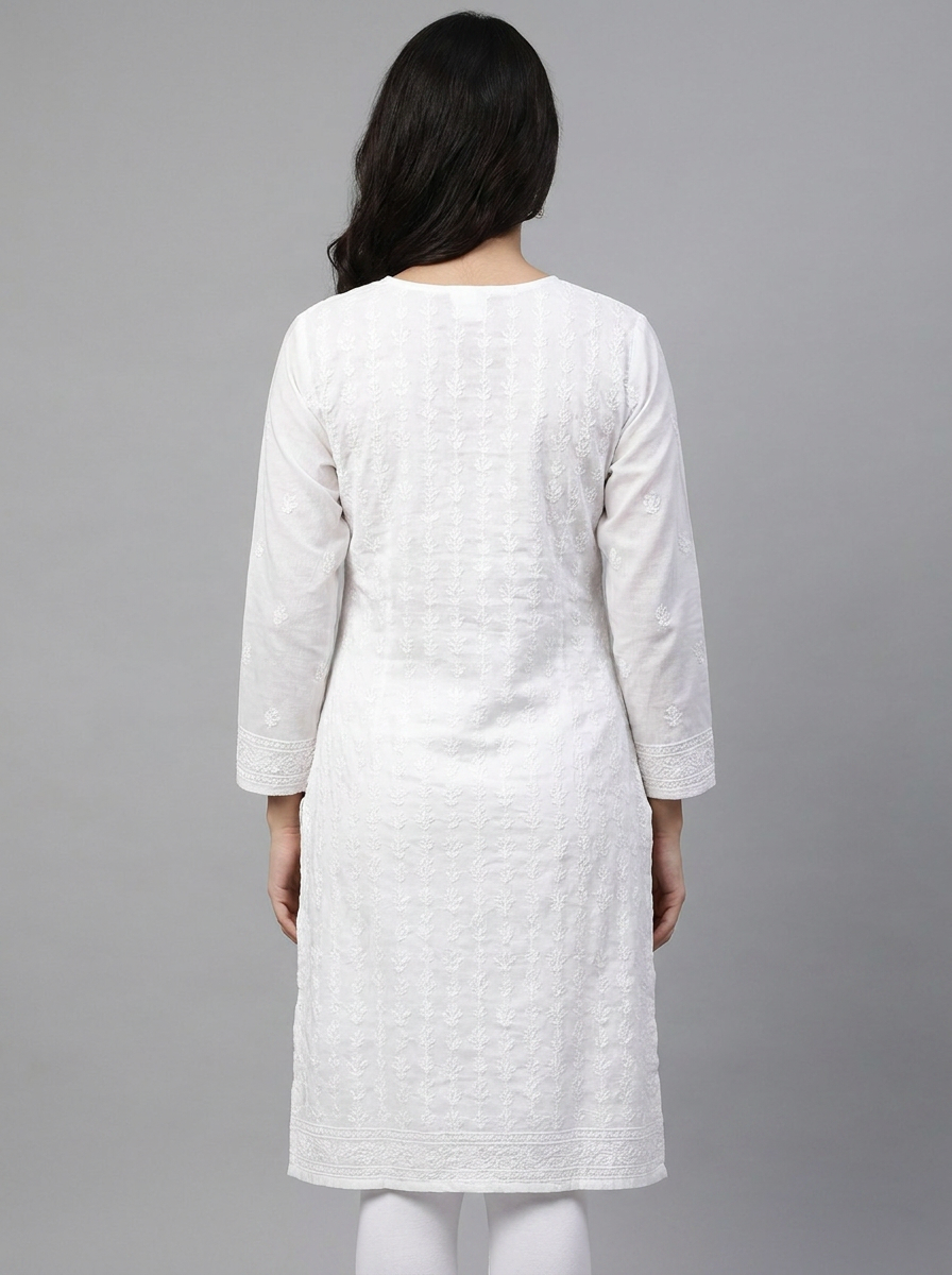 White Chikankari round neck Kurti with hand work