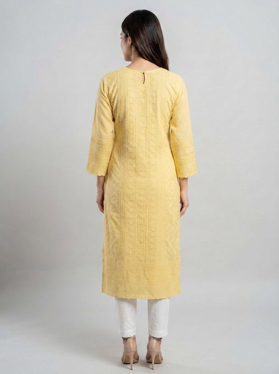 Yellow Pure georgette Chikankari Kurti with Round neck