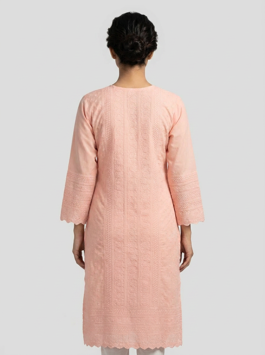 Peach Pure georgette Chikankari Kurti with Round neck