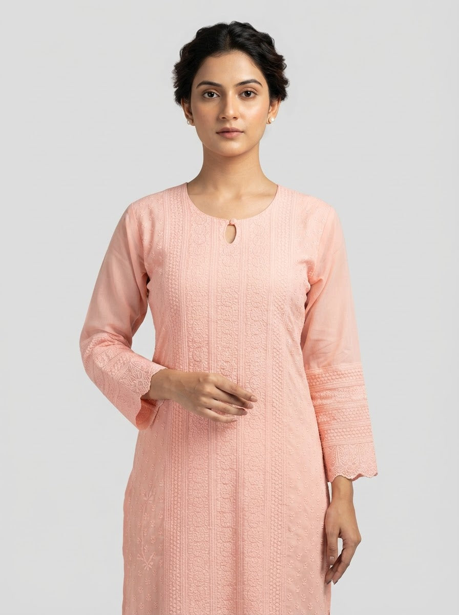 Peach Pure georgette Chikankari Kurti with Round neck