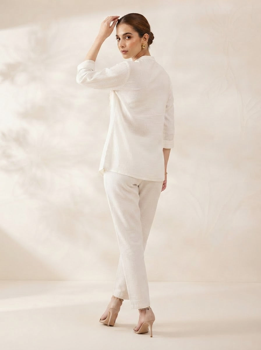Ivory Chiffon Embroidered Button-Down Shirt and Trouser Co-Ord Set