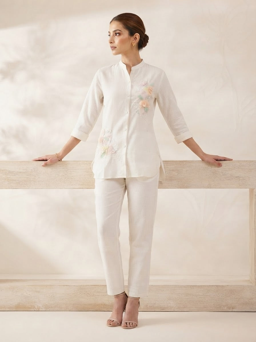 Ivory Chiffon Embroidered Button-Down Shirt and Trouser Co-Ord Set