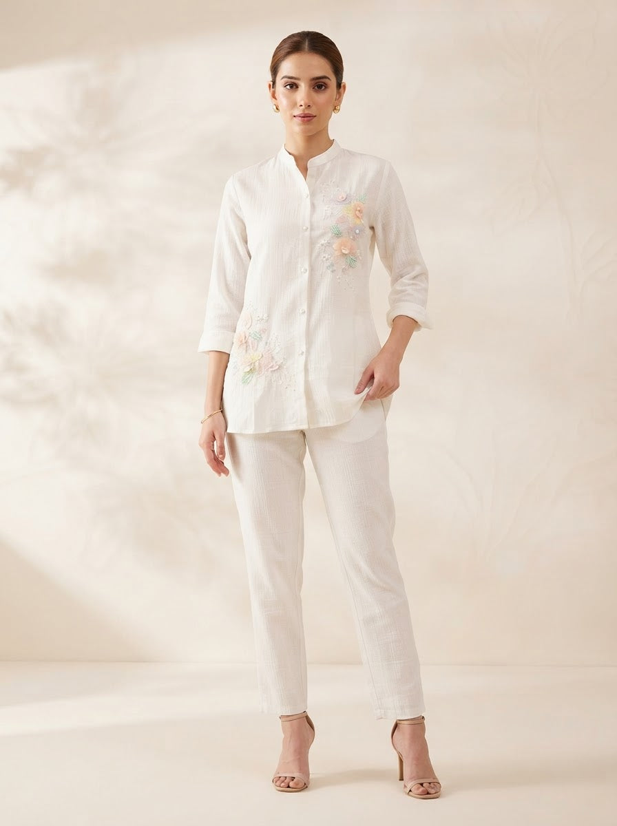 Ivory Chiffon Embroidered Button-Down Shirt and Trouser Co-Ord Set