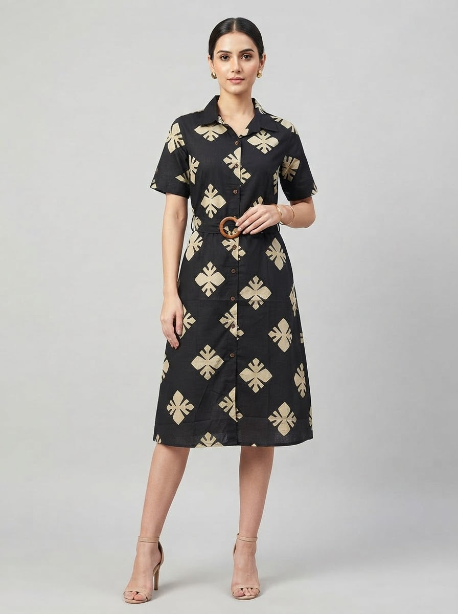 Black Pure Cotton Short Printed One Piece