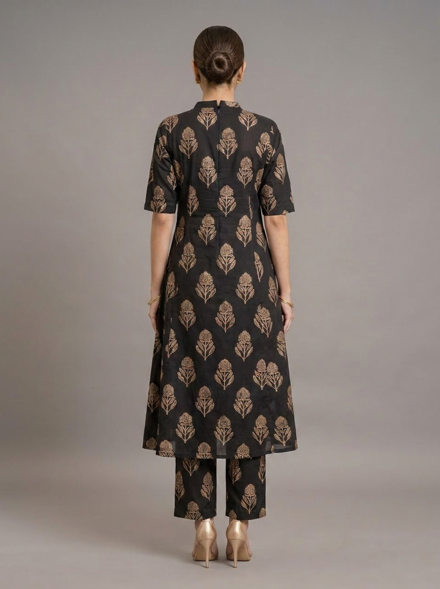 Black Mal Cotton Block Printed Long Co ord Set
