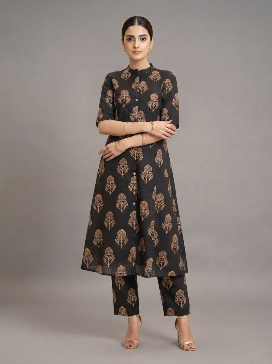 Black Mal Cotton Block Printed Long Co ord Set