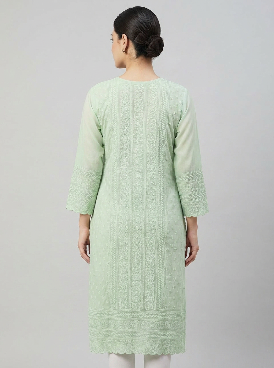 Pista Green Pure georgette Chikankari Kurti with Round neck
