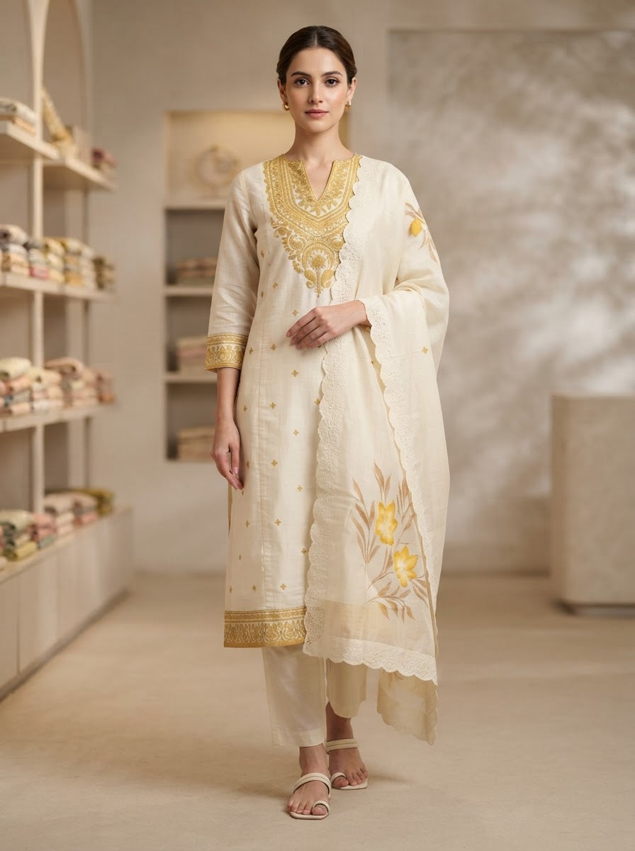 Women's Pure Cotton Kashmiri Work Kurta Pant Set with Printed Dupatta