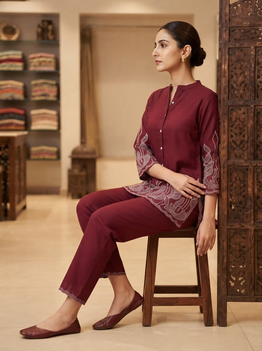 Wine Embroidered Mandarin Collar Co-Ord Set with Straight Pants for Women
