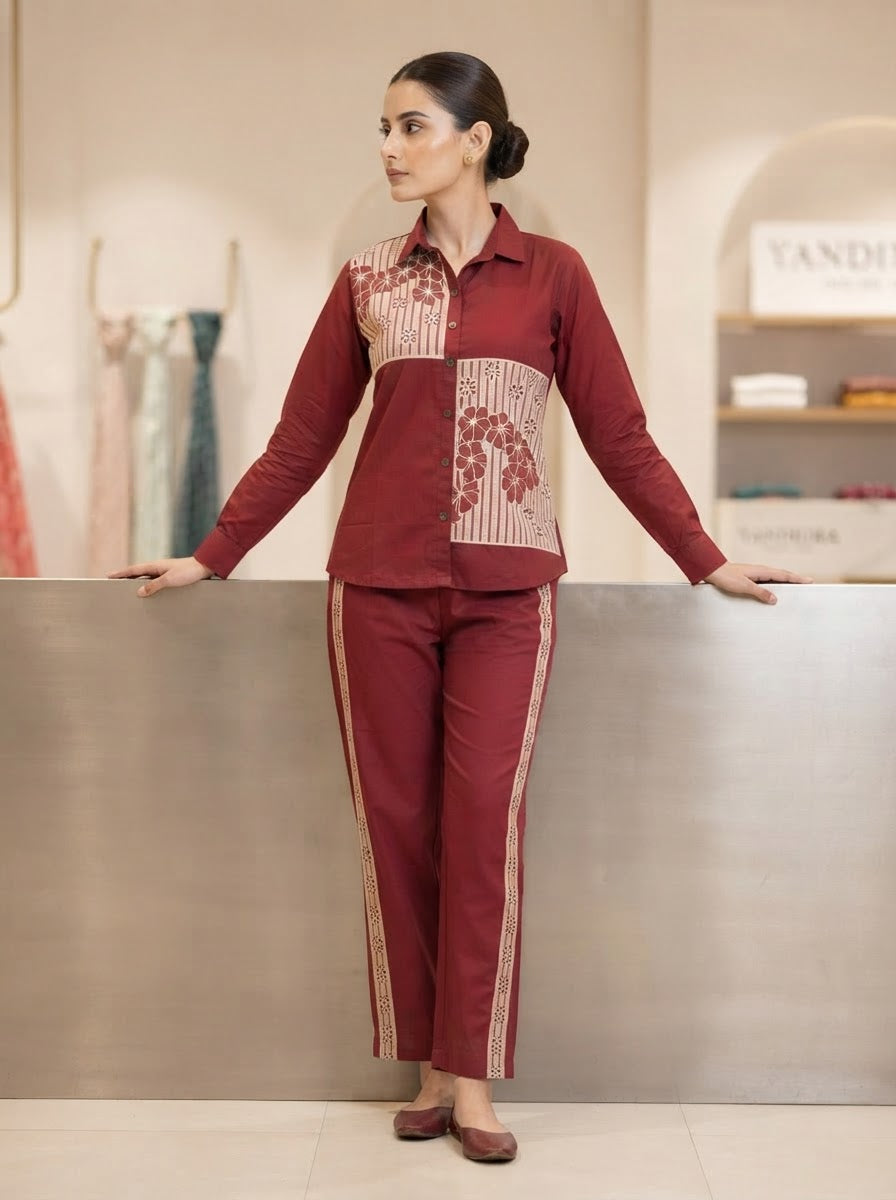 Wine Floral Embroidered Shirt Collar Co-Ord Set for Women