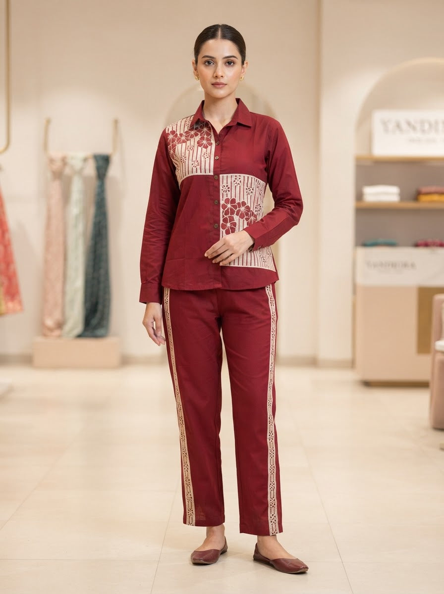 Wine Floral Embroidered Shirt Collar Co-Ord Set for Women